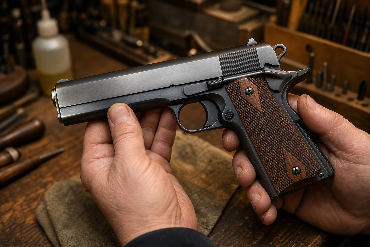 A gunsmith working on a 1911 pistol at a walnut workbench